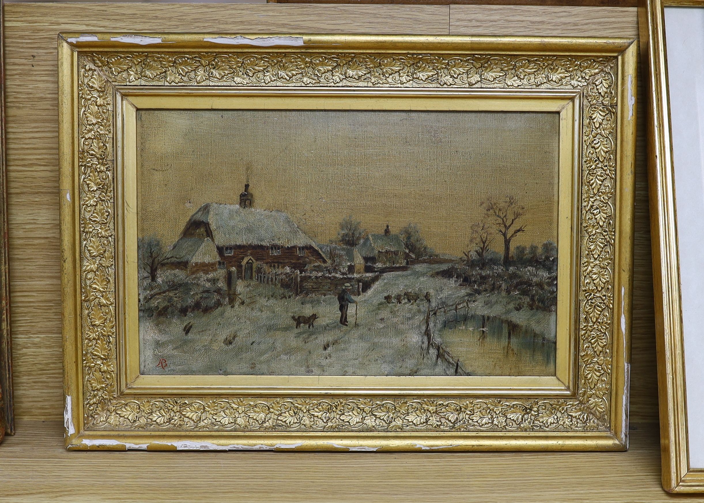 English School c.1900, oil on canvas, Traveller in a winter landscape, monogrammed A.B., 20 x 32cm